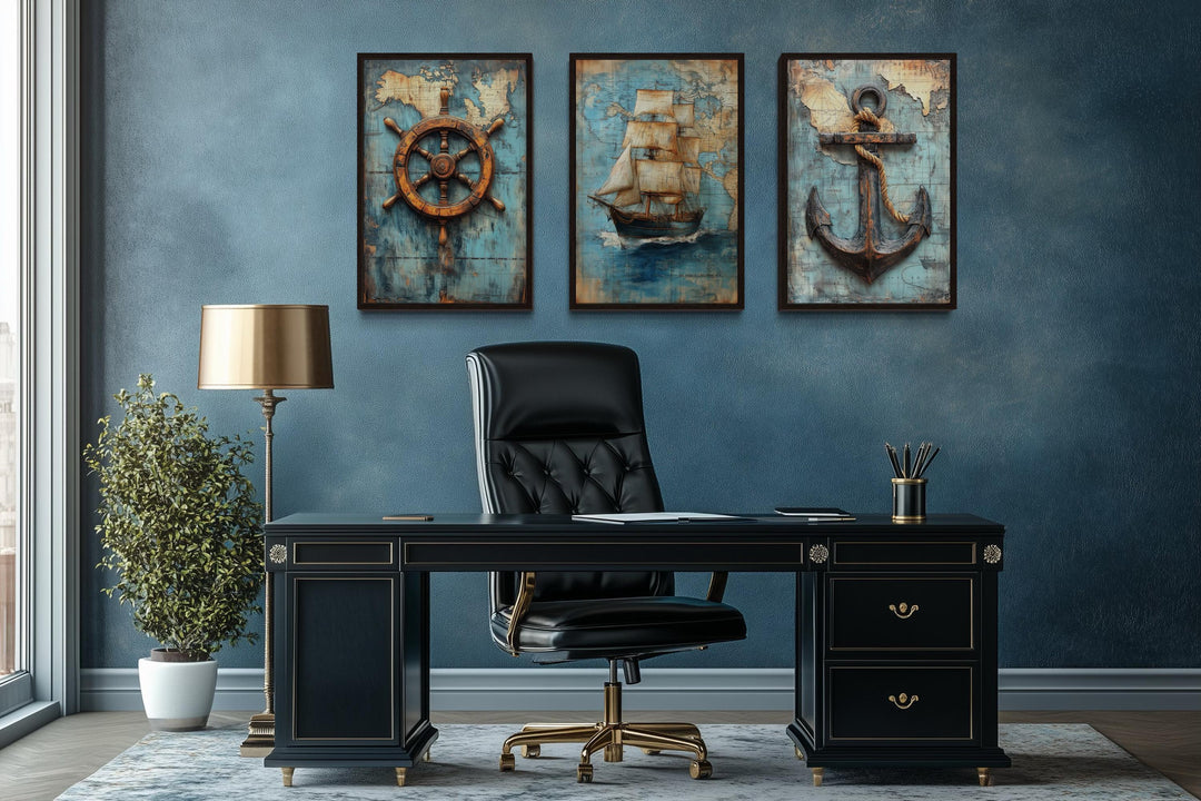 Set of 3 Nautical Wall Art - Vintage Ship, Anchor And Helm On Antique Map