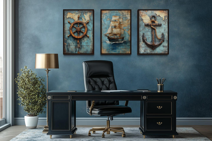 Set of 3 Nautical Wall Art - Vintage Ship, Anchor And Helm On Antique Map