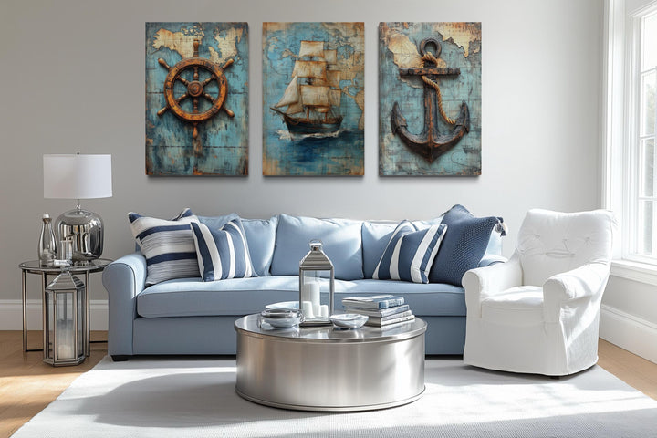 Set of 3 Nautical Wall Art - Vintage Ship, Anchor And Helm On Antique Map