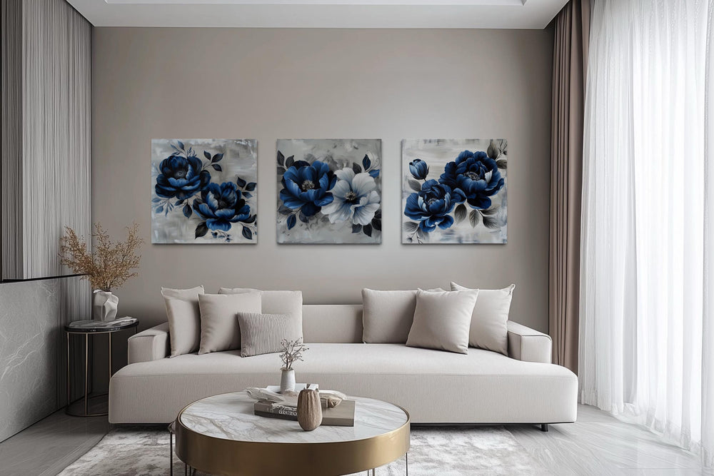 Set of 3 Navy Blue Gray Floral Modern Square Wall Art