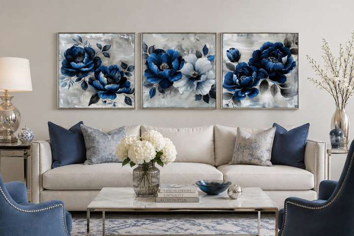 Set of 3 navy blue and gray floral square canvas prints hung above a sofa in a modern living room.