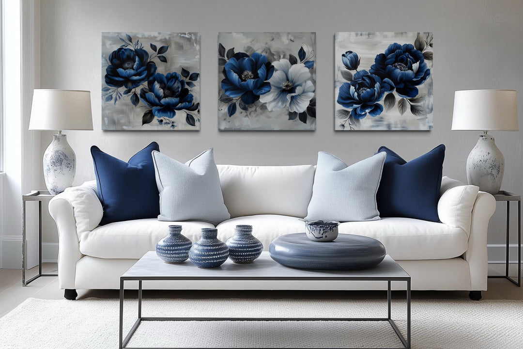 Set of 3 Navy Blue Gray Floral Modern Square Wall Art
