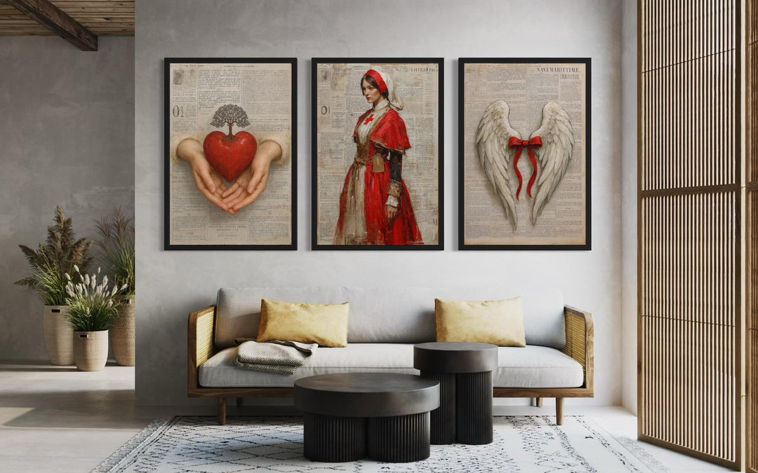Set of 3 Nurse Wall Art Prints, Florence Nightingale, Heart in Hands, Angel Wings Medical Decor