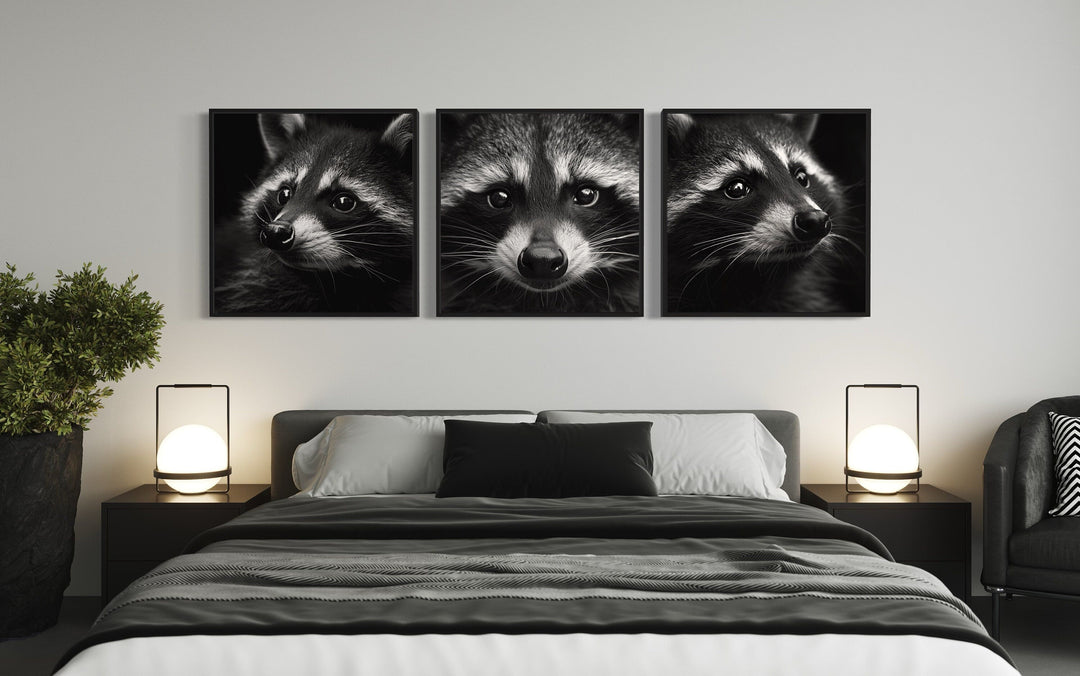 Rustic Cabin Wall Decor - Set of 3 Raccoons Black And White Photography Style Framed Canvas Wall Art