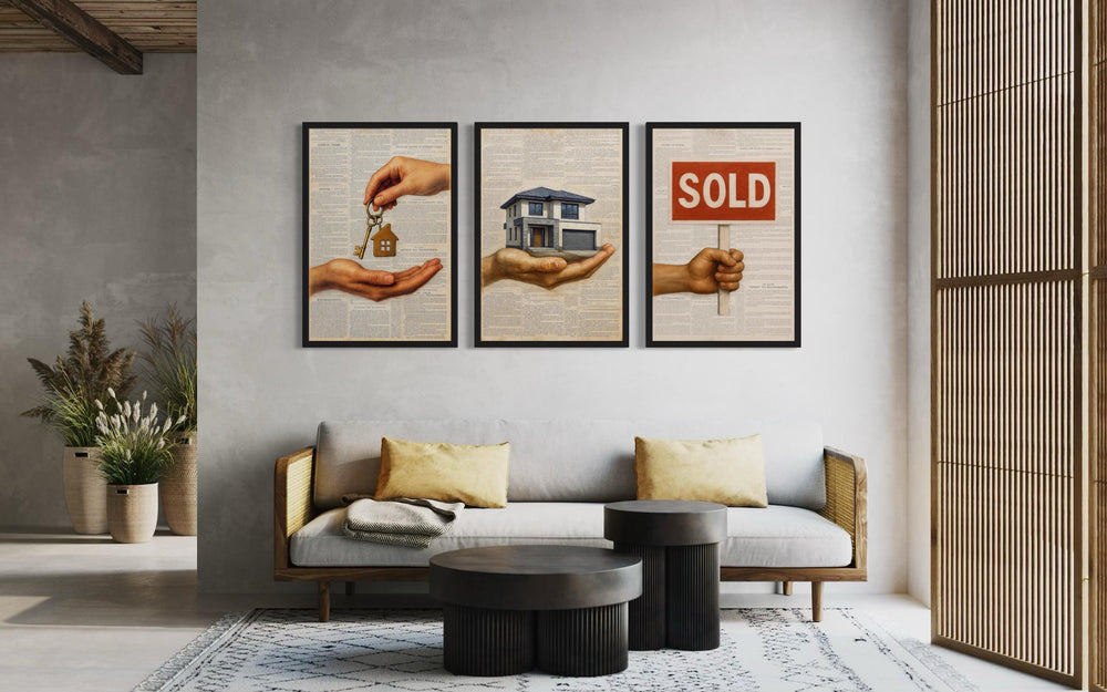 Set of 3 Real Estate Office Wall Art Prints, House Keys, Modern Home, SOLD Sign Realtor Decor