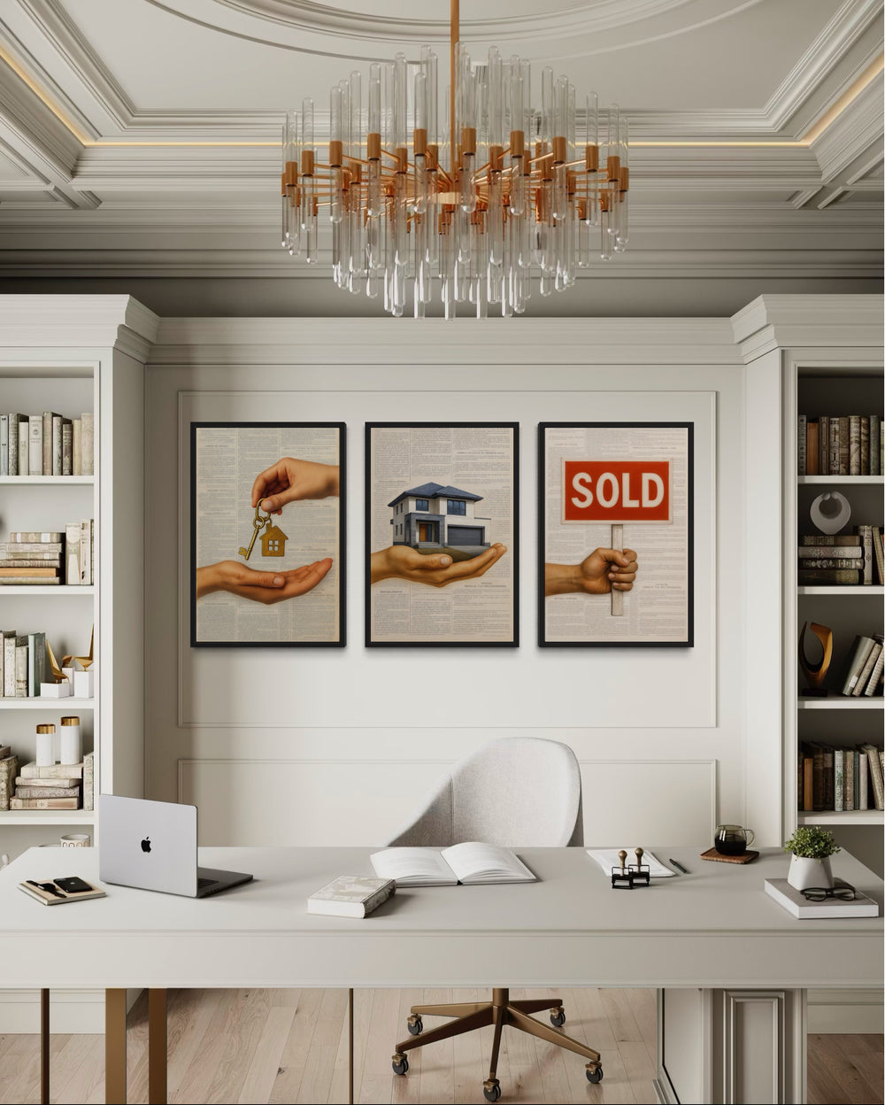 Set of 3 Real Estate Office Wall Art Prints, House Keys, Modern Home, SOLD Sign Realtor Decor