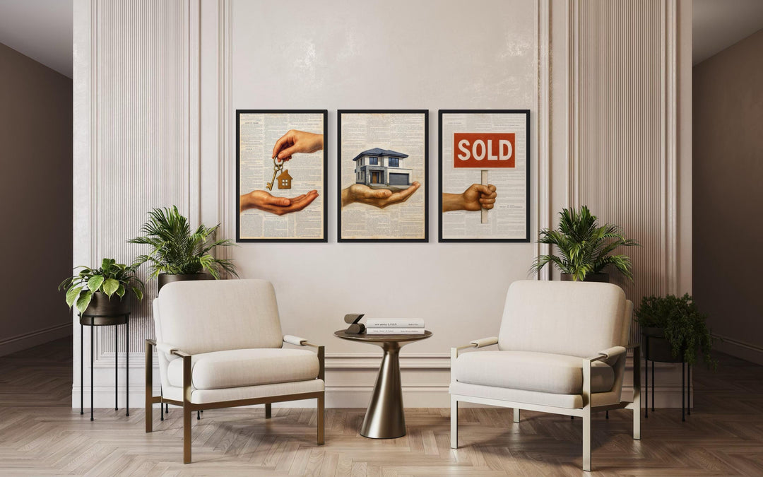 Set of 3 Real Estate Office Wall Art Prints, House Keys, Modern Home, SOLD Sign Realtor Decor