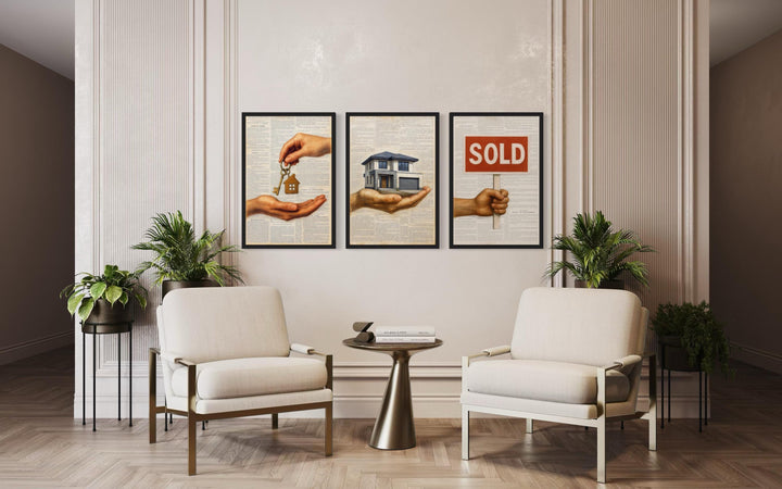 Set of 3 Real Estate Office Wall Art Prints, House Keys, Modern Home, SOLD Sign Realtor Decor