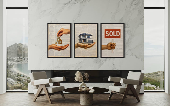 Set of 3 Real Estate Office Wall Art Prints, House Keys, Modern Home, SOLD Sign Realtor Decor