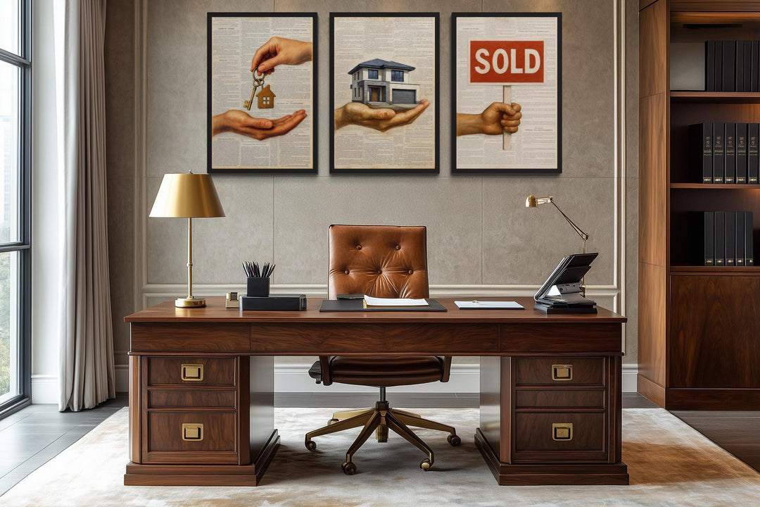 Set of 3 Real Estate Office Wall Art Prints, House Keys, Modern Home, SOLD Sign Realtor Decor
