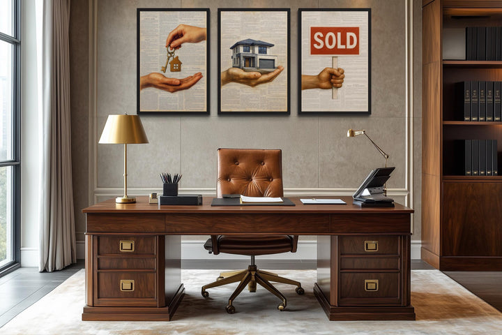 Set of 3 Real Estate Office Wall Art Prints, House Keys, Modern Home, SOLD Sign Realtor Decor