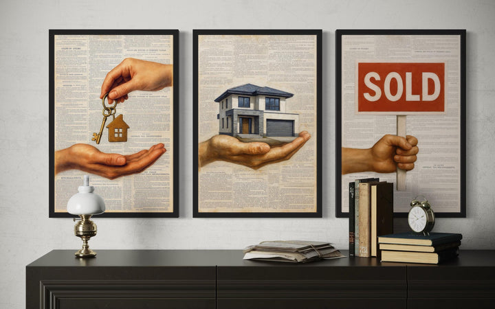 Set of 3 Real Estate Office Wall Art Prints, House Keys, Modern Home, SOLD Sign Realtor Decor