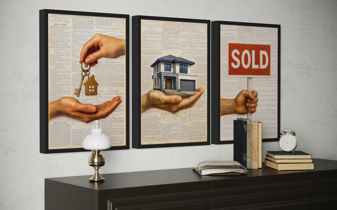 Set of 3 Real Estate Office Wall Art Prints, House Keys, Modern Home, SOLD Sign Realtor Decor