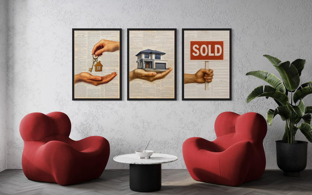 Set of 3 Real Estate Office Wall Art Prints, House Keys, Modern Home, SOLD Sign Realtor Decor