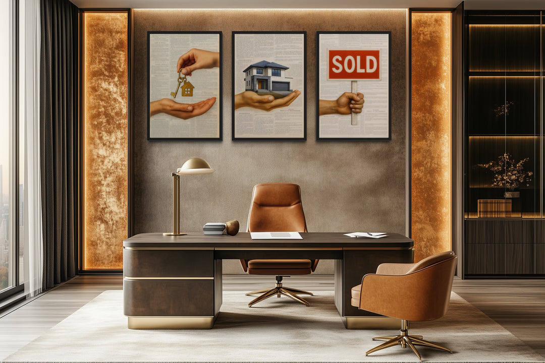 Set of 3 Real Estate Office Wall Art Prints, House Keys, Modern Home, SOLD Sign Realtor Decor