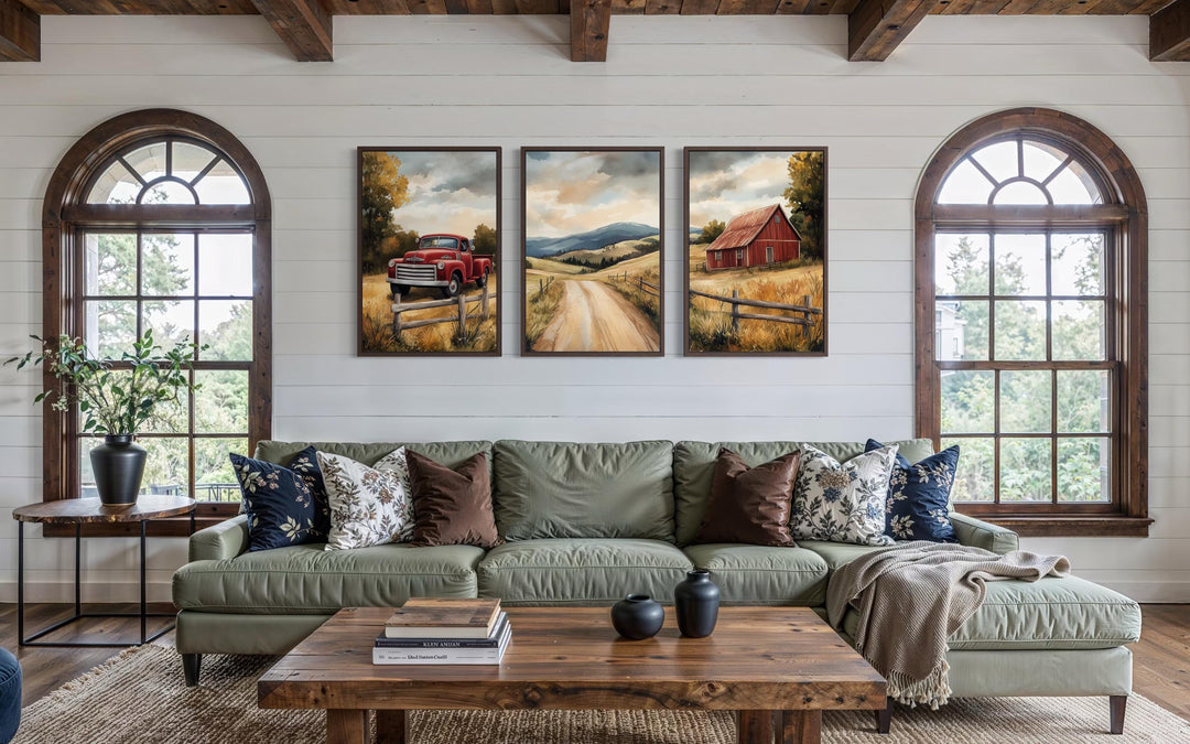 Set of 3 Rustic Farmhouse Autumn Wall Art, Red Barn, Vintage Truck, and Country Road Canvas Prints