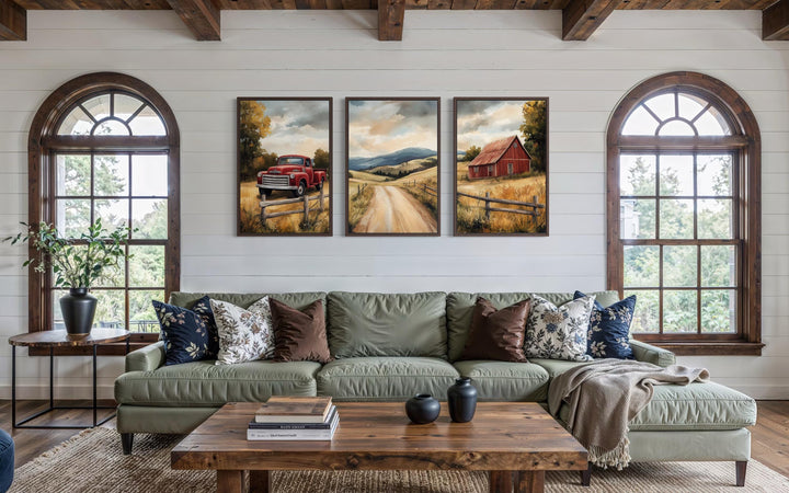 Set of 3 Rustic Farmhouse Autumn Wall Art, Red Barn, Vintage Truck, and Country Road Canvas Prints