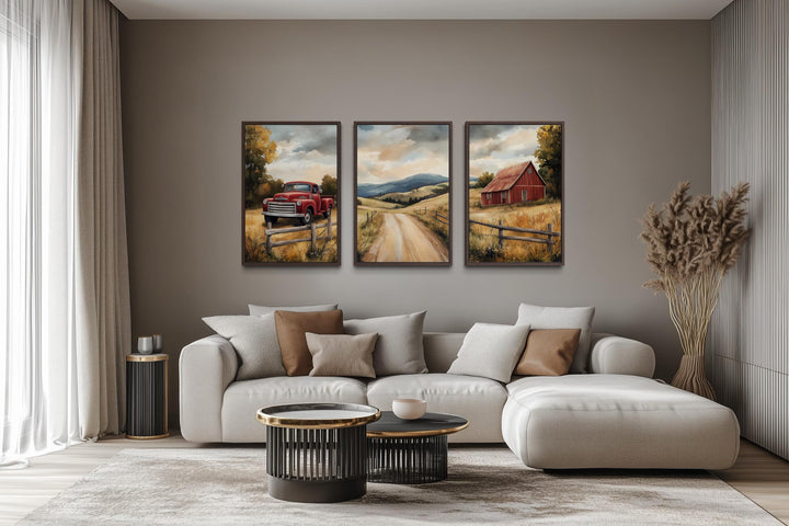 Set of 3 Rustic Farmhouse Autumn Wall Art, Red Barn, Vintage Truck, and Country Road Canvas Prints