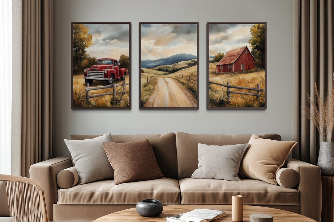 Set of 3 Rustic Farmhouse Autumn Wall Art, Red Barn, Vintage Truck, and Country Road Canvas Prints