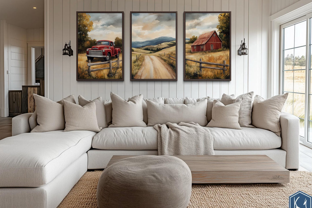 Set of 3 Rustic Farmhouse Autumn Wall Art, Red Barn, Vintage Truck, and Country Road Canvas Prints