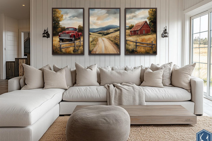 Set of 3 Rustic Farmhouse Autumn Wall Art, Red Barn, Vintage Truck, and Country Road Canvas Prints