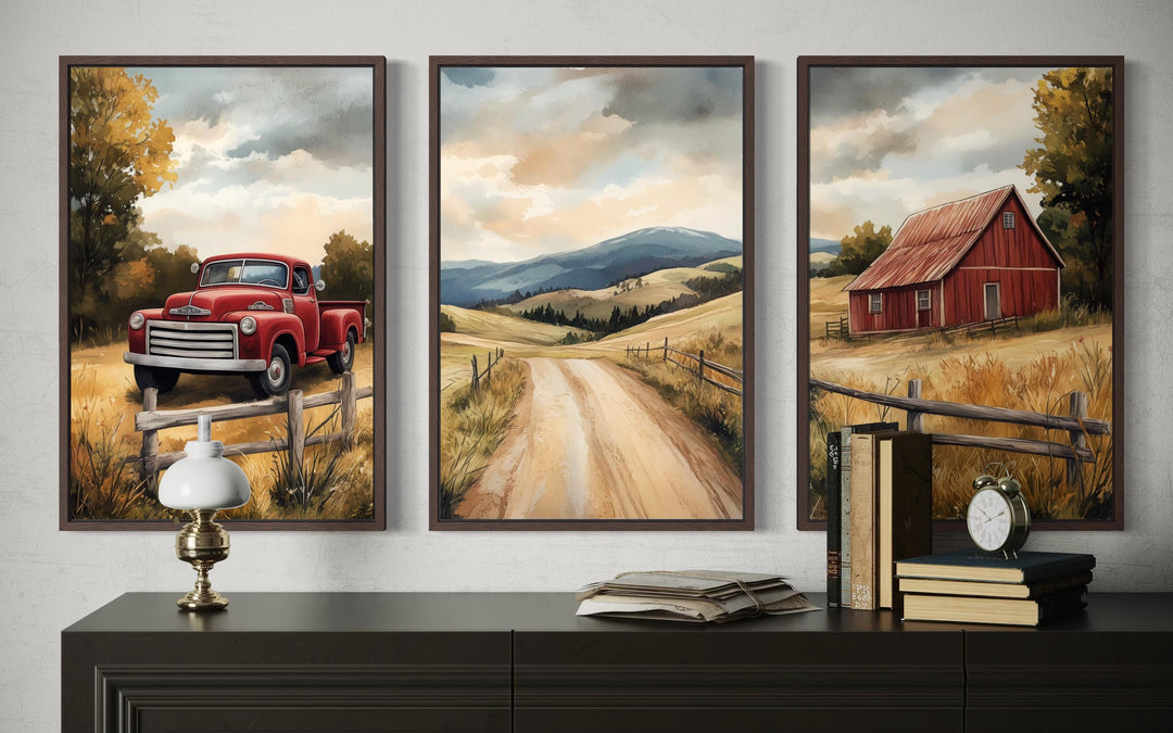 Set of 3 Rustic Farmhouse Autumn Wall Art, Red Barn, Vintage Truck, and Country Road Canvas Prints