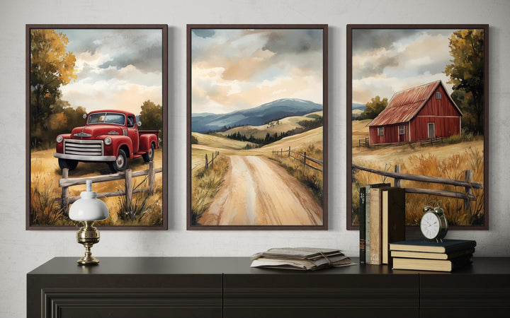 Set of 3 Rustic Farmhouse Autumn Wall Art, Red Barn, Vintage Truck, and Country Road Canvas Prints