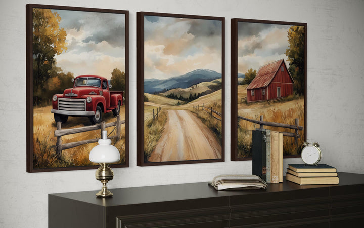 Set of 3 Rustic Farmhouse Autumn Wall Art, Red Barn, Vintage Truck, and Country Road Canvas Prints