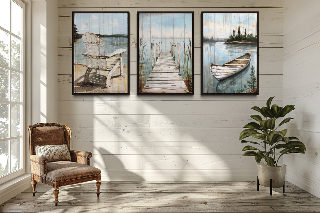 3 Piece Lake House Wall Art with fishing dock, boat, and Adirondack chair.