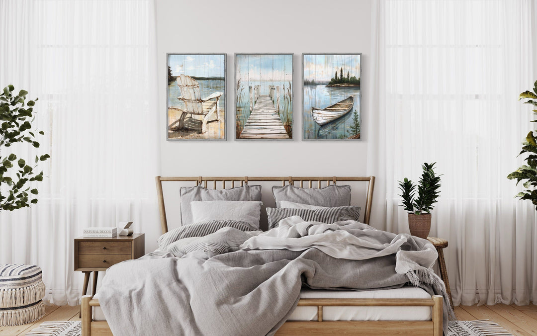 3 piece lake house wall art with fishing dock, boat, and Adirondack chair.