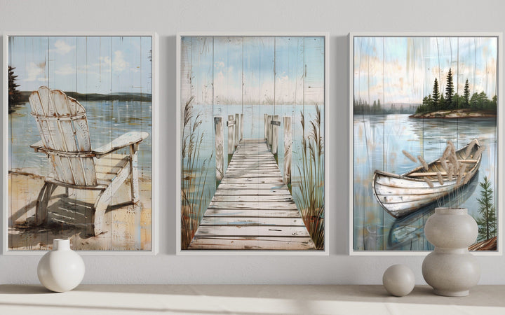 3 piece lake house art with dock, boat, and chair.