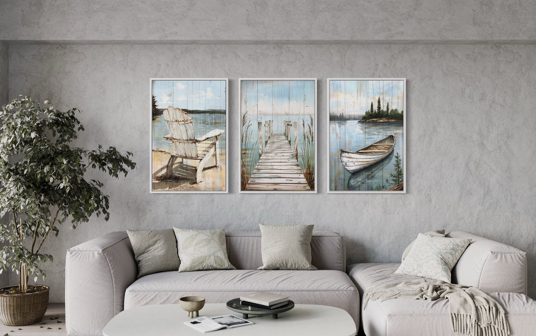 3 piece lake house wall art with fishing dock, boat, and chair.