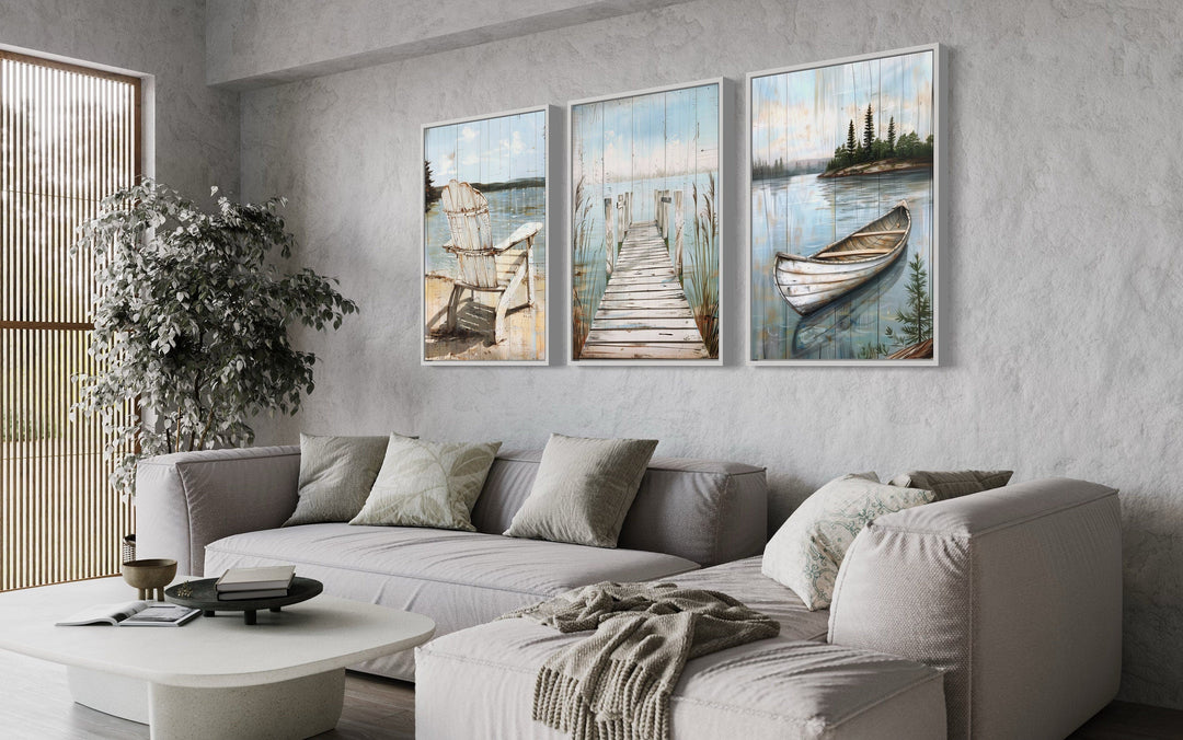 3 piece lake house wall art with fishing dock, boat, and Adirondack chair.