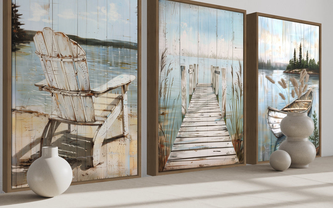 3 piece lake house wall art with fishing dock, old boat, and Adirondack chair.