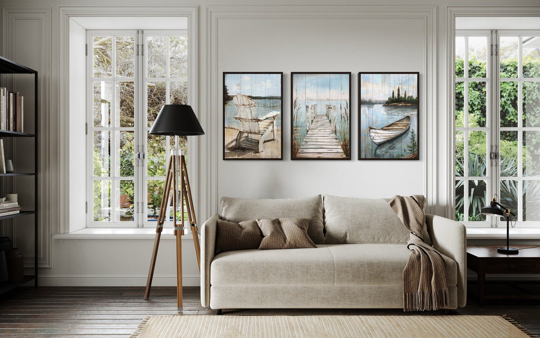 3 piece lake house wall art with fishing dock, boat, and Adirondack chair.