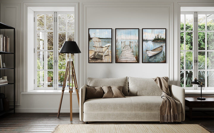 3 piece lake house wall art with fishing dock, boat, and Adirondack chair.