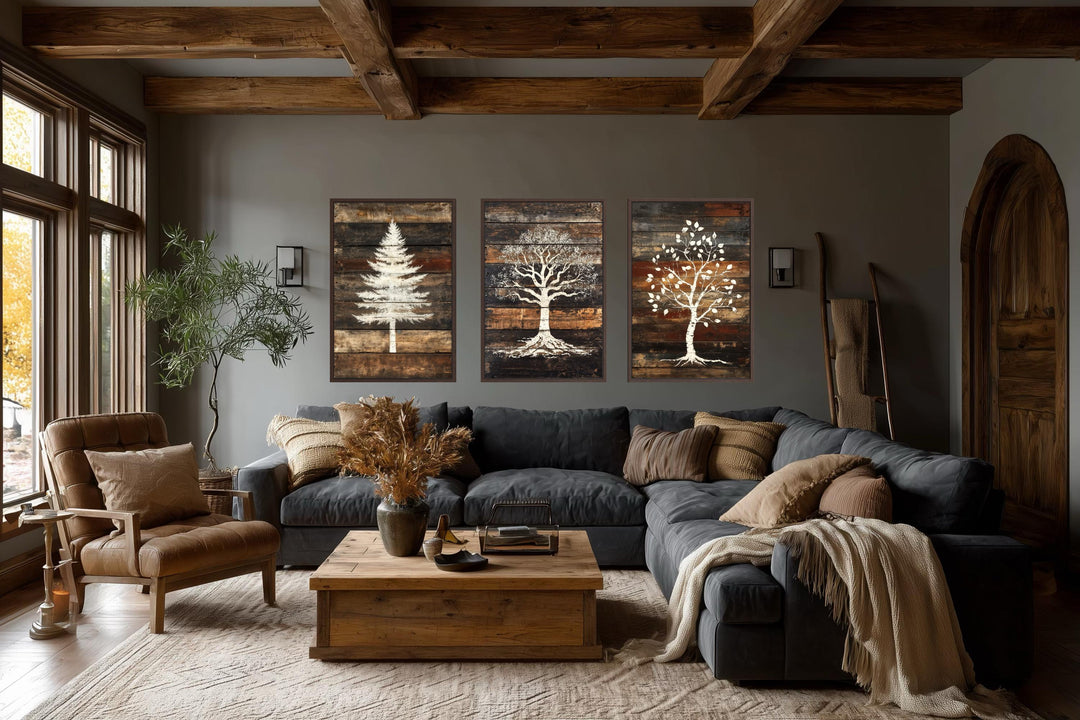Set of 3 rustic pine, oak, and birch tree silhouettes on wood plank canvas wall art.