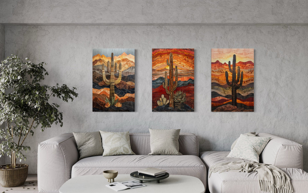 Set of 3 Southwestern Saguaro Cactus in Arizona Desert Wall Art