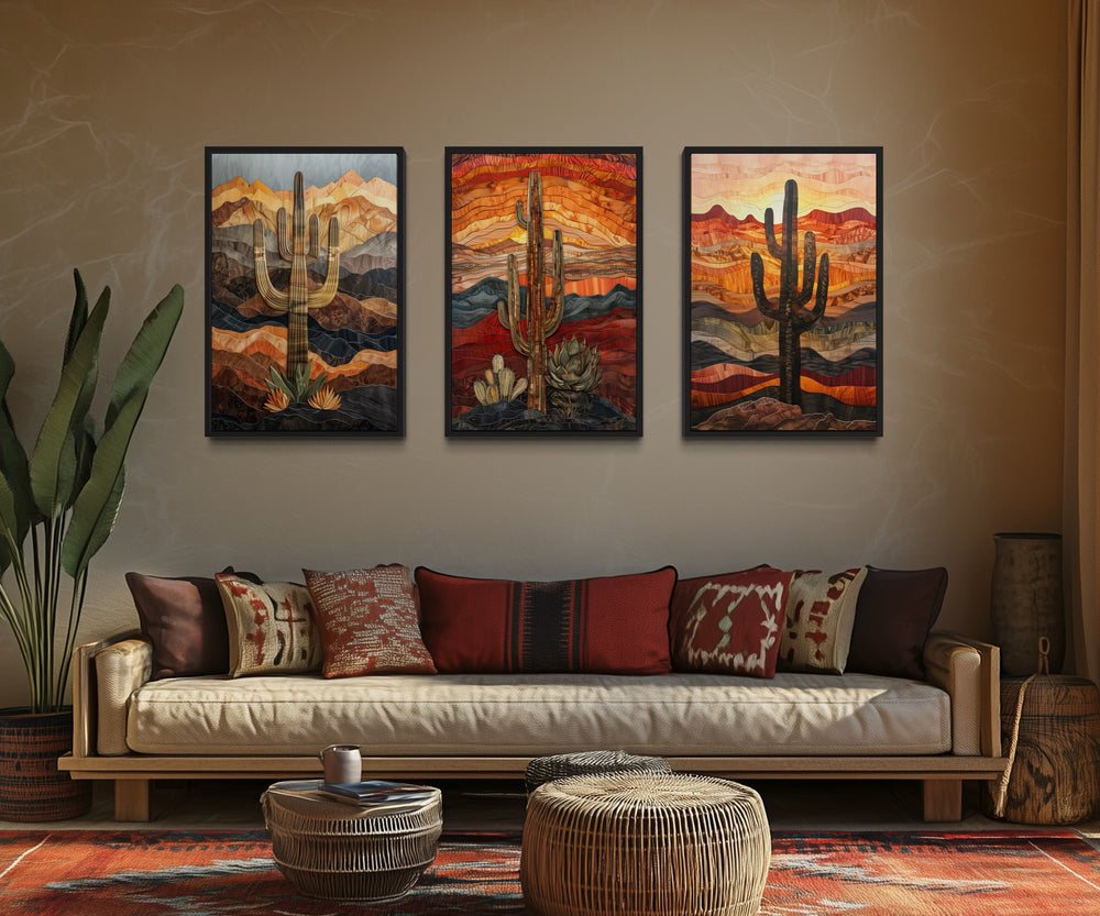 Set of 3 Southwestern Saguaro Cactus in Arizona Desert Wall Art