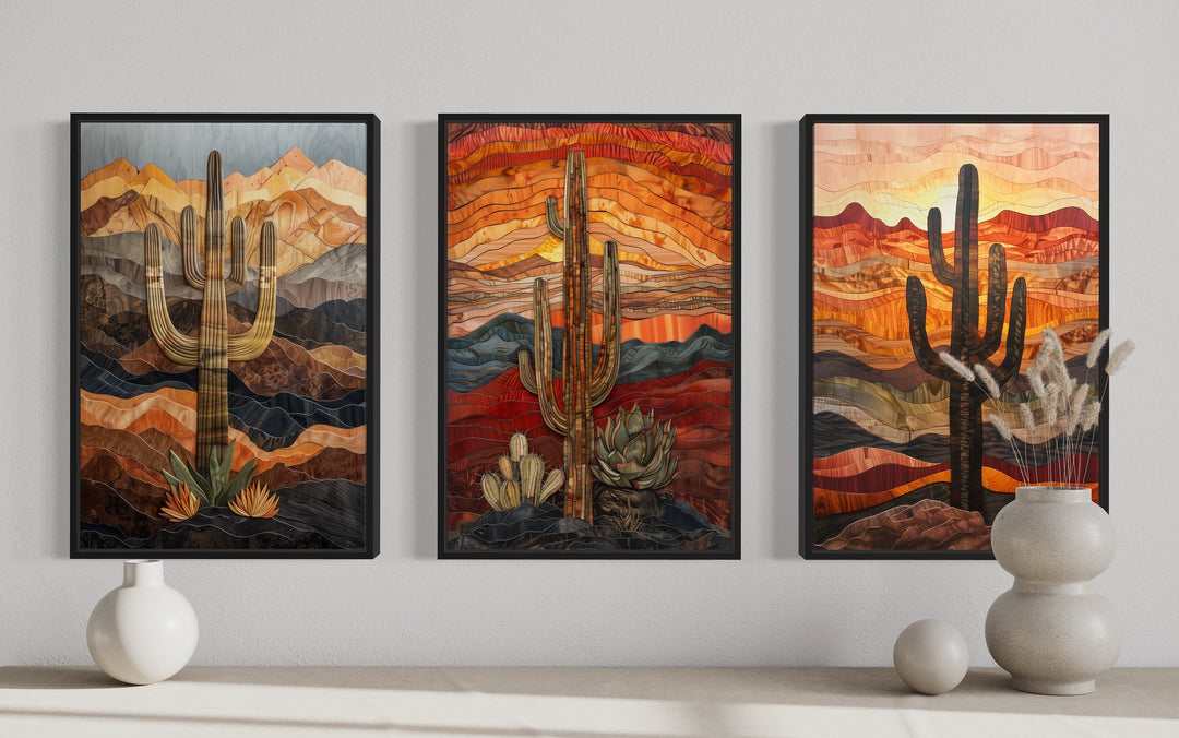 Set of 3 Southwestern Saguaro Cactus in Arizona Desert Wall Art