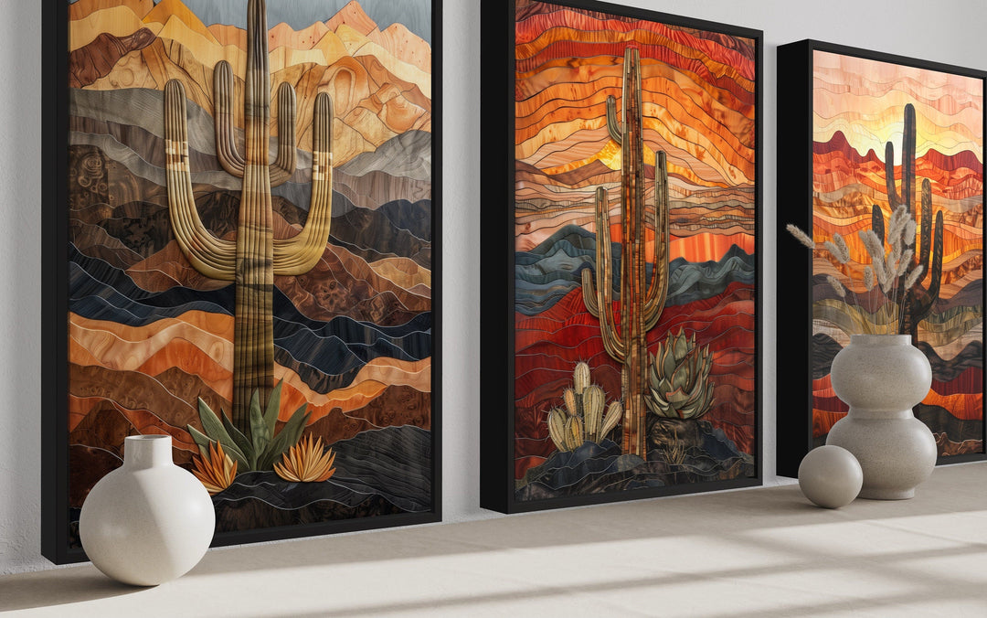 Set of 3 Southwestern Saguaro Cactus in Arizona Desert Wall Art