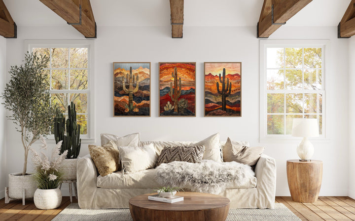 Set of 3 Southwestern Saguaro Cactus in Arizona Desert Wall Art