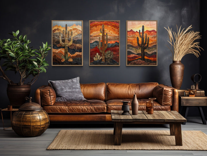 Set of 3 Southwestern Saguaro Cactus in Arizona Desert Wall Art