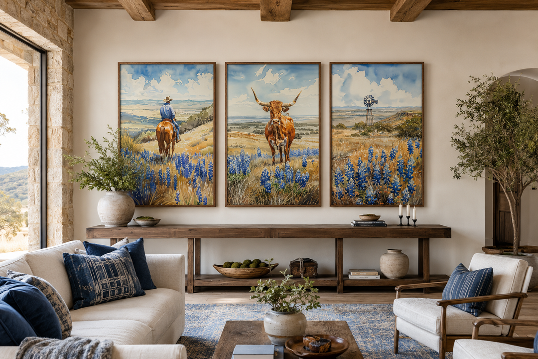 Set of 3 Texas landscape wall art featuring a cowboy, longhorn cow, and windmill in bluebonnets.
