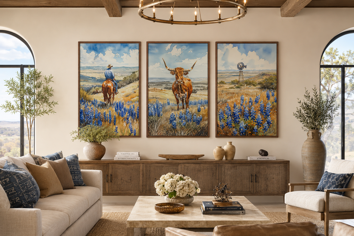 Set of 3 Texas landscape wall art prints featuring a cowboy, longhorn cow, and rustic windmill.