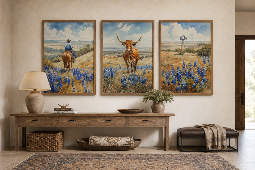Set of 3 Texas landscape wall art featuring a cowboy, longhorn cow, and windmill in bluebonnets.