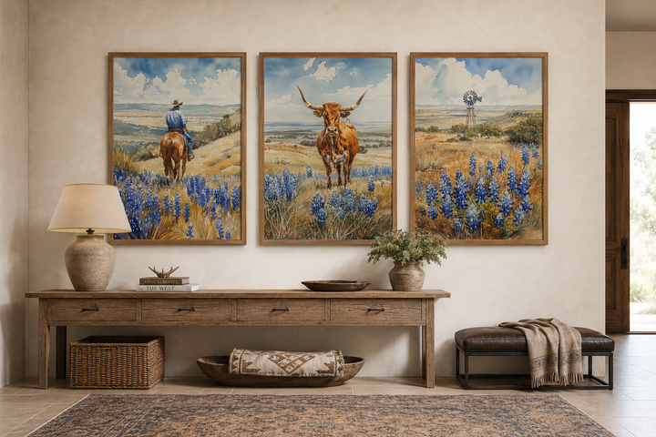 Set of 3 Texas landscape wall art featuring a cowboy, longhorn cow, and windmill in bluebonnets.