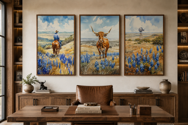 Set of 3 watercolor prints featuring a cowboy, longhorn cow, and windmill in a bluebonnet field.