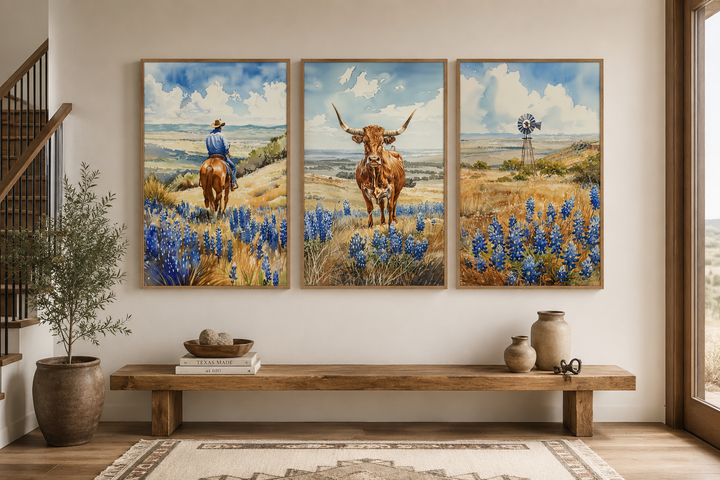 Set of 3 framed watercolor prints of a cowboy, longhorn cow, and windmill in a bluebonnet field.