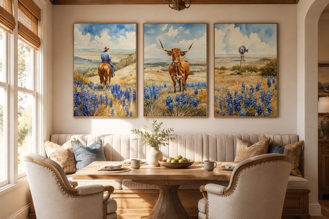 Set of 3 Texas landscape wall art prints featuring a cowboy, longhorn cow, and windmill in a field.